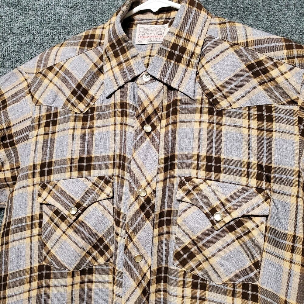 Vintage H Bar C Shirt Mens 15 1/2 Brown Plaid Western Pearl Snap Ranchwear USA